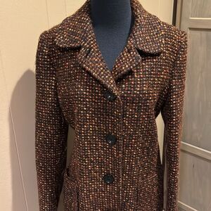 Jonathan Michael black/shades of brown/muted orange wool blend button front coat